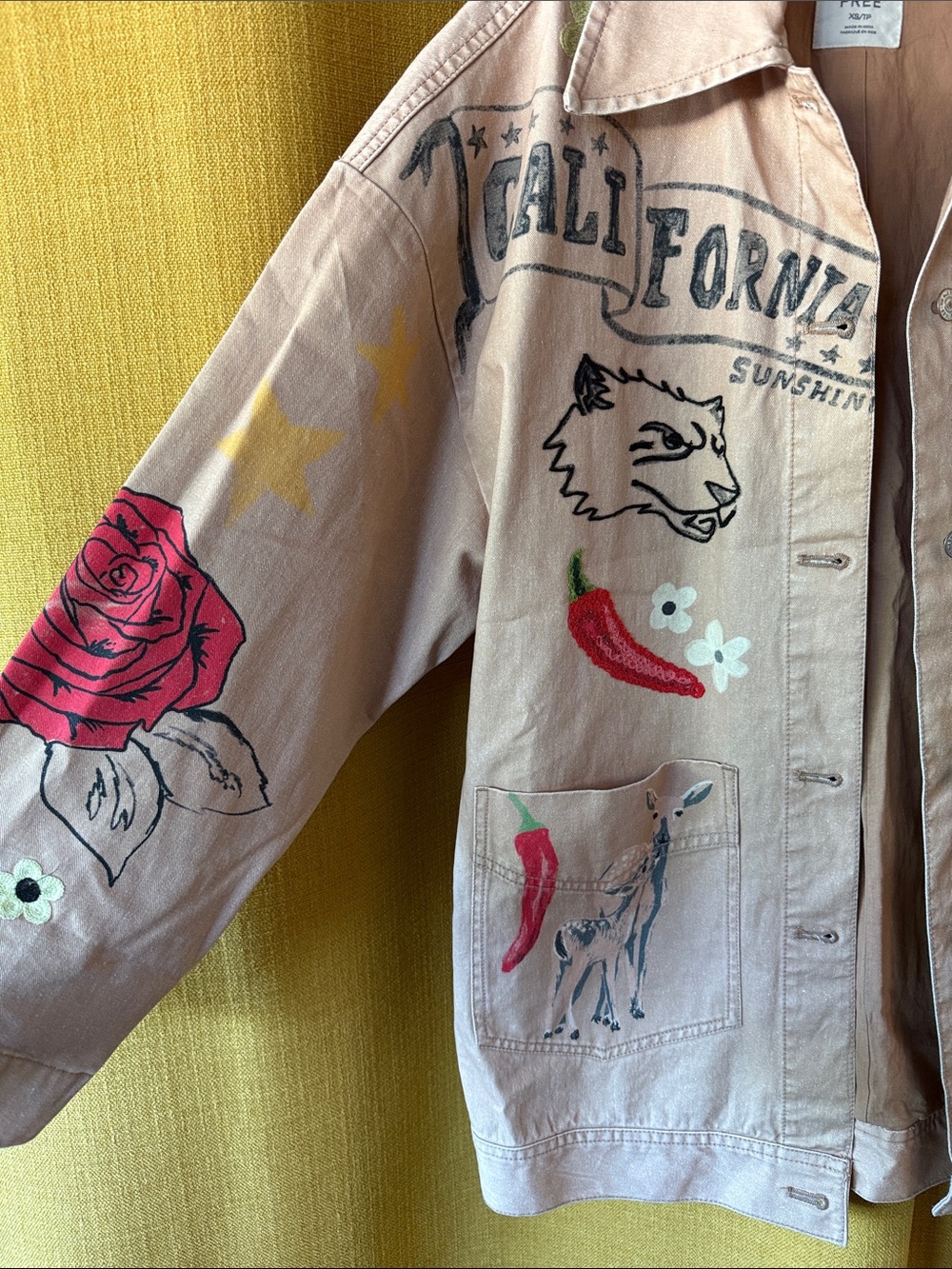 We The Free Beige Painted Floral & Graphic Jean Jacket - Picture 3 of 5